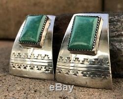 Vintage Old Navajo Sterling Silver Green Royston Turquoise Stamped Post Earrings