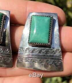 Vintage Old Navajo Sterling Silver Green Royston Turquoise Stamped Post Earrings