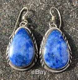 Vintage Old Pawn Navajo Blue Turquoise Sterling Silver Dangle Tear Drop Earrings