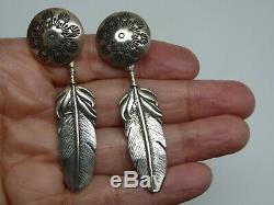 Vintage Old Pawn Navajo Decorative Domed Concho Feather Sterling Post Earrings