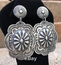 Vintage Old Pawn Navajo Sterling Silver Concho Stamped Long Dangle Post Earrings
