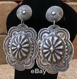 Vintage Old Pawn Navajo Sterling Silver Concho Stamped Long Dangle Post Earrings