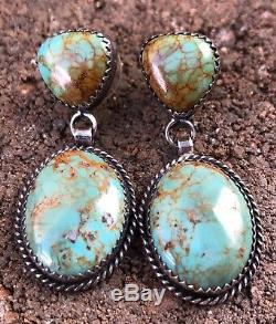 Vintage Old Pawn Navajo Sterling Silver Green Royston Turquoise Dangle Earrings
