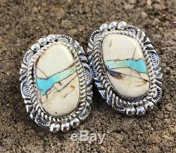 Vintage Old Pawn Navajo Sterling Silver Ribbon Boulder Turquoise Post Earrings