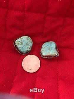 Vintage Old Pawn Navajo Sterling Silver Slab Royston Turquoise Clip Earrings