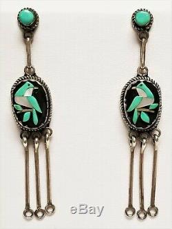 Vintage Old Pawn Navajo Turquoise MOP Bird Sterling Silver Dangle Earrings