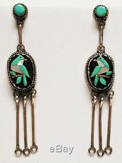 Vintage Old Pawn Navajo Turquoise MOP Bird Sterling Silver Dangle Earrings