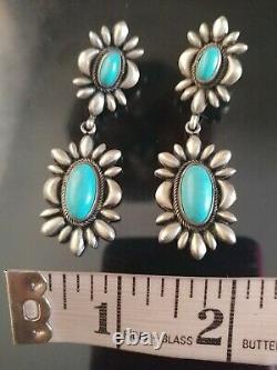 Vintage Old Pawn Sterling Signed Drop Turquoise Earrings