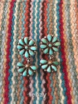 Vintage Old Pawn Zuni Sterling Silver Petit Point Turquoise Drop Dangle Earrings