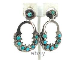 Vintage Old Pawn Zuni Sterling Silver & Turquoise Petit Point Dangle Earrings