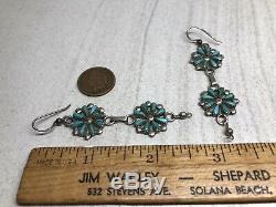 Vintage Old Zuni Sterling Silver Turquoise Petit Point Cluster Drop Earrings