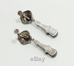 Vintage Onyx Sterling Silver Marcasite Dangle Drop Screw Back Earrings