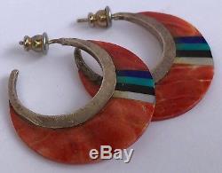 Vintage Orange Spiny Oyster & Turquoise MOP Sterling Silver Flat Disk Earrings