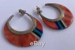 Vintage Orange Spiny Oyster & Turquoise MOP Sterling Silver Flat Disk Earrings