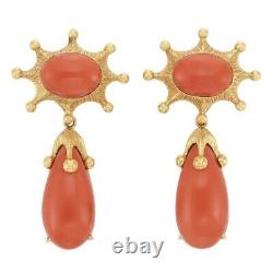 Vintage Oval Red Coral Dangle Earring 14k Yellow Gold Over Unique Coral Earring