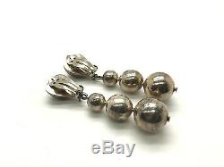 Vintage Oxidized Mexico Sterling Silver Shell Long Ball Dangle Clip-On Earrings