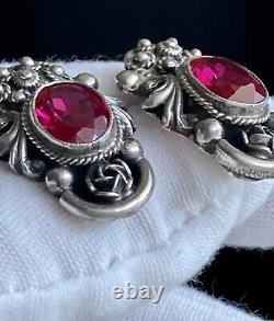 Vintage PERUZZI Florence Nouveau Natural RUBY & Sterling Silver Earrings Italy