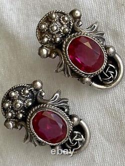 Vintage PERUZZI Florence Nouveau Natural RUBY & Sterling Silver Earrings Italy