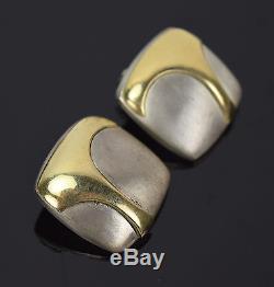 Vintage Pair Earrings Brushed Sterling Silver with Bas-Relief 14k Gold Shapes