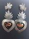 Vintage Patina Mexican Sterling Silver Bird Copper Heart Milagros Large Earrings