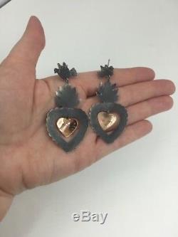 Vintage Patina Mexican Sterling Silver Bird Copper Heart Milagros Large Earrings