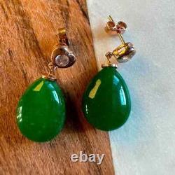 Vintage Pear Cut Natural Green Jade Women's Dangle Earring Sterling Silver 925
