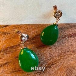 Vintage Pear Cut Natural Green Jade Women's Dangle Earring Sterling Silver 925