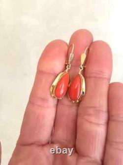 Vintage Pear Cut Simulated Orange Coral Dangle Earrings Sterling Silver 925