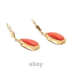 Vintage Pear Cut Simulated Orange Coral Dangle Earrings Sterling Silver 925