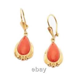 Vintage Pear Cut Simulated Orange Coral Dangle Earrings Sterling Silver 925