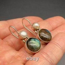 Vintage Pearl Labradorite Sterling Silver Dangle Earrings