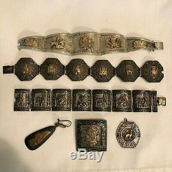 Vintage Peruvian Peru Sterling Silver 18k Gold Aztec Panel Bracelet Pendant Lot