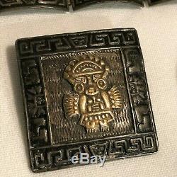 Vintage Peruvian Peru Sterling Silver 18k Gold Aztec Panel Bracelet Pendant Lot