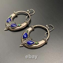 Vintage Poppy Dandiya Lapis Turquoise Sterling Silver Dangle Earrings