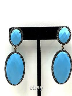 Vintage Post Earrings Real Diamonds Halo Design Turquoise Dangle Sterling S Gold