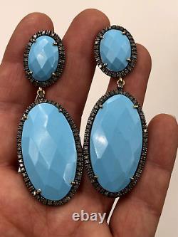 Vintage Post Earrings Real Diamonds Halo Design Turquoise Dangle Sterling S Gold