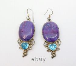 Vintage Purple Mohave Turquoise Artisan Earrings Sterling with Blue CZ Hearts