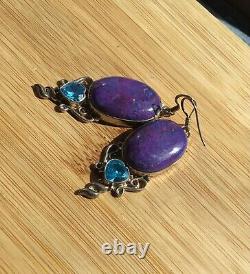 Vintage Purple Mohave Turquoise Artisan Earrings Sterling with Blue CZ Hearts