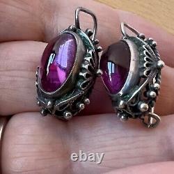 Vintage Purple Sapphire Cabochon Drop Dangle Earrings Ornate Setting Sterling