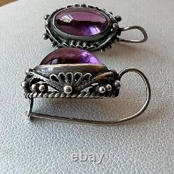 Vintage Purple Sapphire Cabochon Drop Dangle Earrings Ornate Setting Sterling