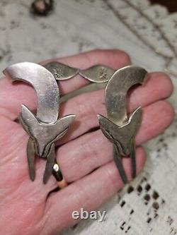 Vintage RARE Sterling Silver FOX EAR HUGGER PIERCED EARRINGS Signed Mexico HTF