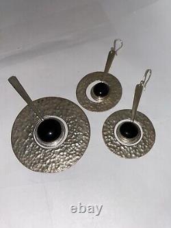 Vintage Raful Cano Mexico Sterling Silver Hammered Earrings And Pendant With Onyx