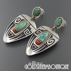 Vintage Rare Tim Yazzie Navajo Sterling Silver Overlay Turquoise Coral Earrings