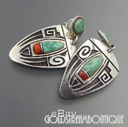 Vintage Rare Tim Yazzie Navajo Sterling Silver Overlay Turquoise Coral Earrings
