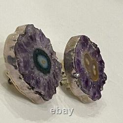Vintage Rebecca Collins Purple Amethyst Geode Sterling Silver Clip Earrings