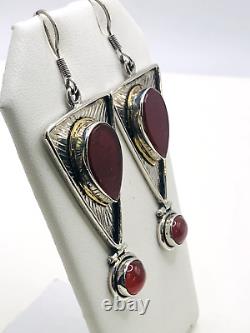 Vintage Red Carnelian Stone 925 Sterling Silver Dangle Drop Earrings