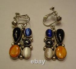Vintage Retro Signed EMMA LINCOLN Sterling Silver Polished Stones Clip Earrings