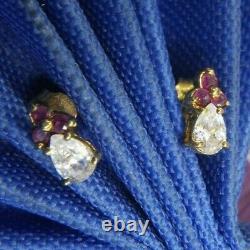 Vintage Ruby & white quartz Vermeil Sterling Silver 0.925 Post Pierced Earrings