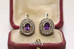 Vintage Russian 14K Yellow Gold Plated 3Ct Oval Simulated Amethyst Drop Earrings