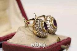 Vintage Russian 14K Yellow Gold Plated 3Ct Oval Simulated Amethyst Drop Earrings